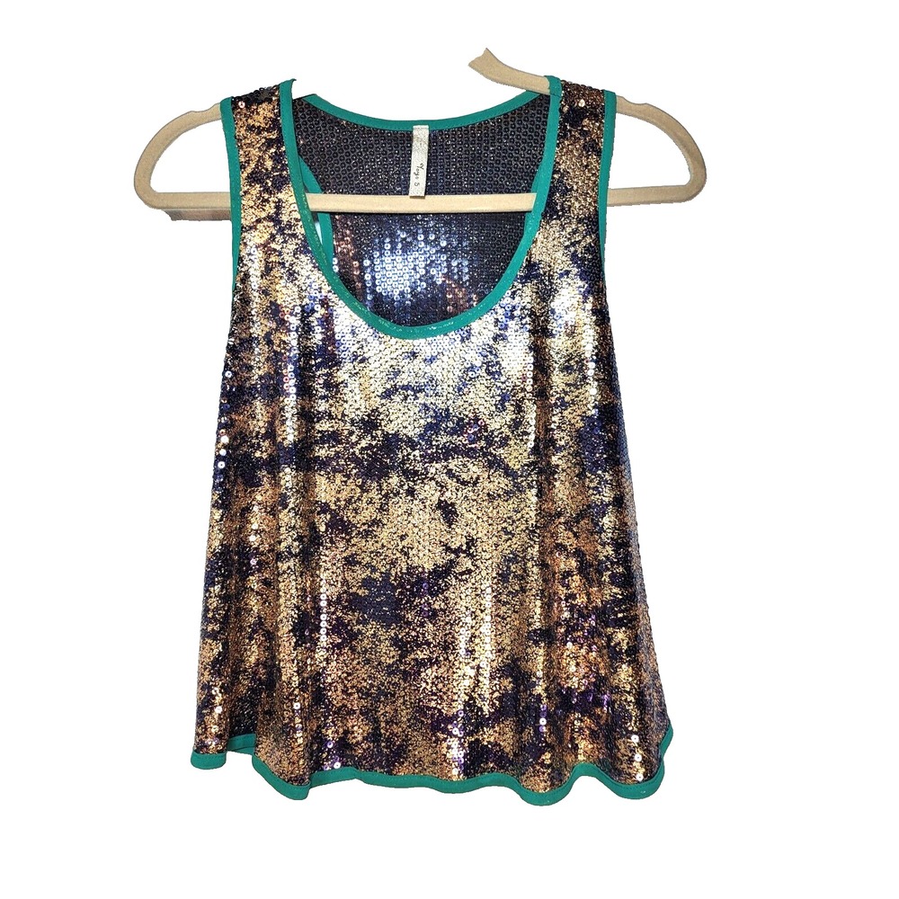YoYo 5 Sequin Gold Black‎ Razorback Tank Green Trim Mesh Large